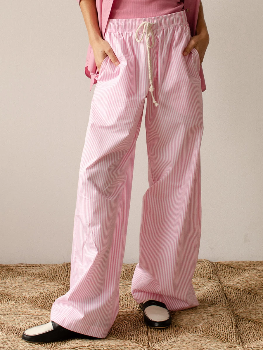 

Women s Y2k Stripe Print Wide Leg Long Pant Elastic Waist Casual Loose Fit Pant Lounge Pajamas Pants with Pockets