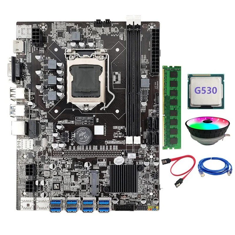 B75 ETH Mining Motherboard 8XPCIE To USB LGA1155 DDR3 4GB 1600Mhz+Cooling Fan+RJ45 Network Cable+G530 CPU BTC Miner motherboards computer