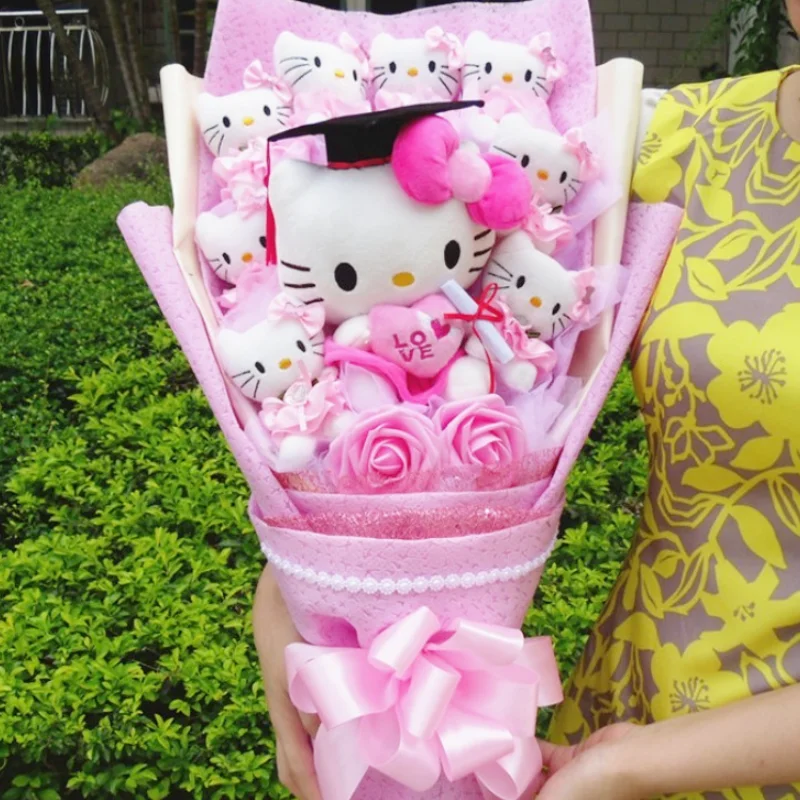 

Sanrio Hello Kitty Plush Stuffed Bouquet With Graduation Hats Handmade Doll Cute Soap Flower Rose Flower Bouquet Birthday Gift