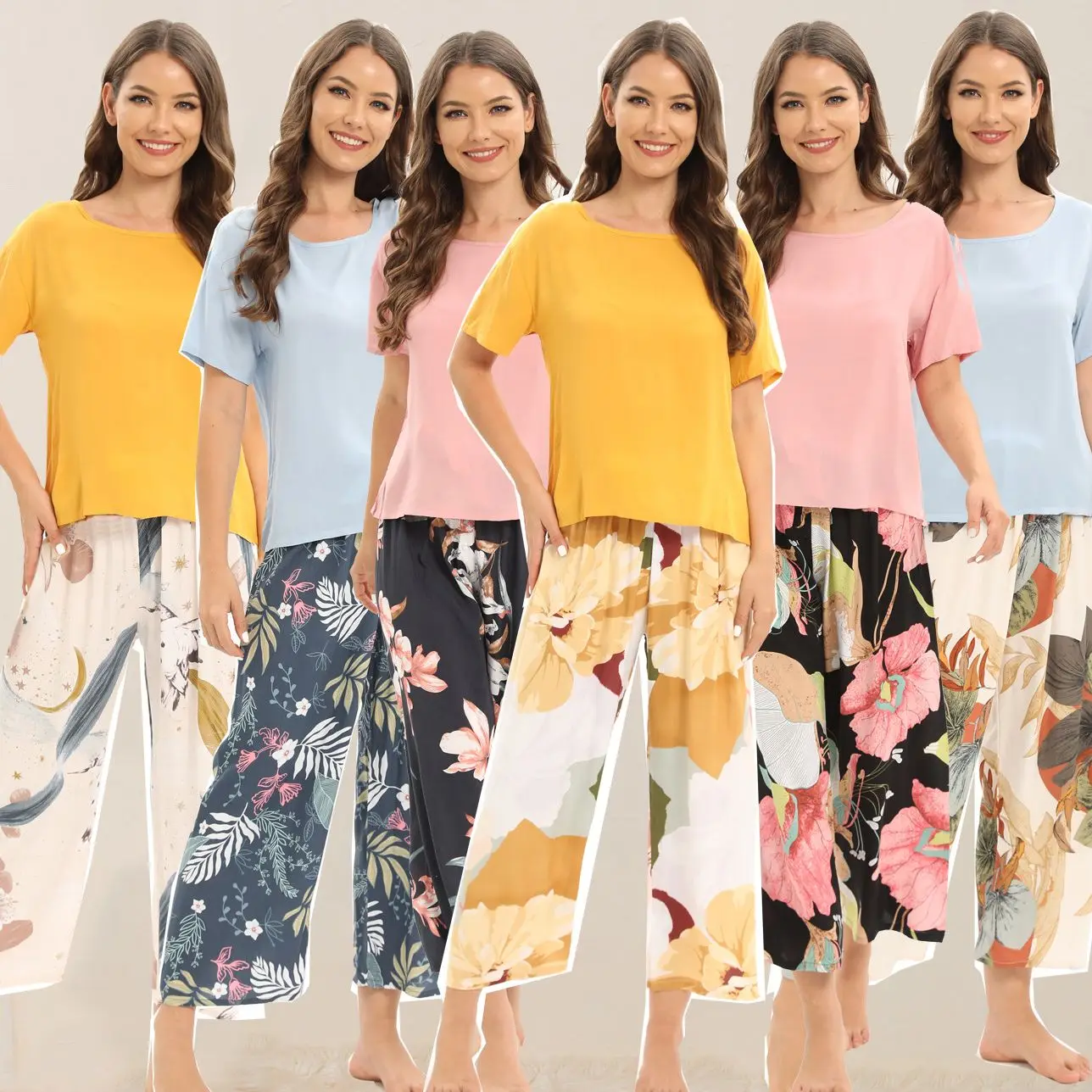 

New Sleepwear Printing Fashion Pajamas for Women Long Pants Short Sleeved Pullover Spring Autumn Pijamas Home Clothing Homewear