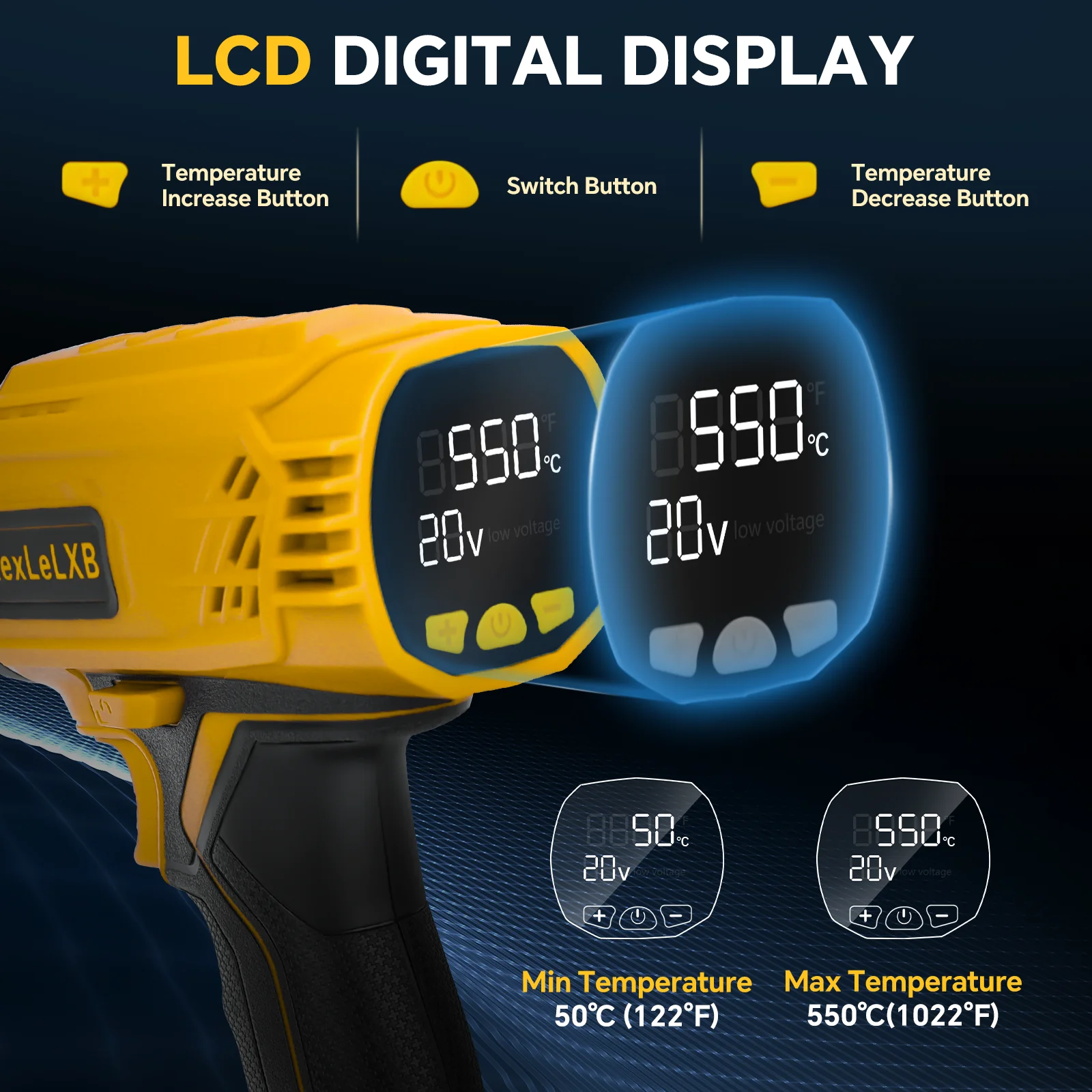 Cordless Heat Gun 400W 550℃ Fast Heating Hot Air Gun with LCD Digital Display & 4 Nozzles for Dewalt 20V Battery (No Battery) 4