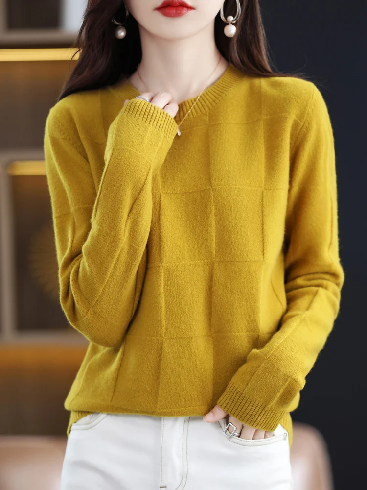 2024 Women Spring Autumn Basic Sweater 100% Merino Wool O-neck Long Sleeve Pullover Cashmere Knitted Jumpers Female Clothing Top