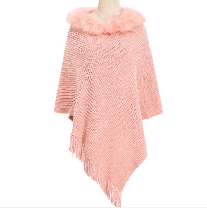 

Autumn Winter Warm Chenille Wool Collar Cloak Women's Large Monochrome Pullover Knitted Shawl Girl Tassel Coat keep Warm Pink