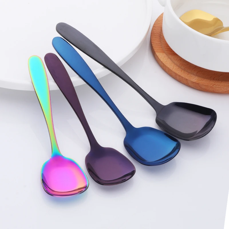 Stainless Steel Spoon Stainless Steel Spoon Set 1PC Plat Bottom Spoon Stainless Steel Square Dinner spoons Rice Dinnerware Child Samll Gold Spoon for Ice Cream Dessert Salad