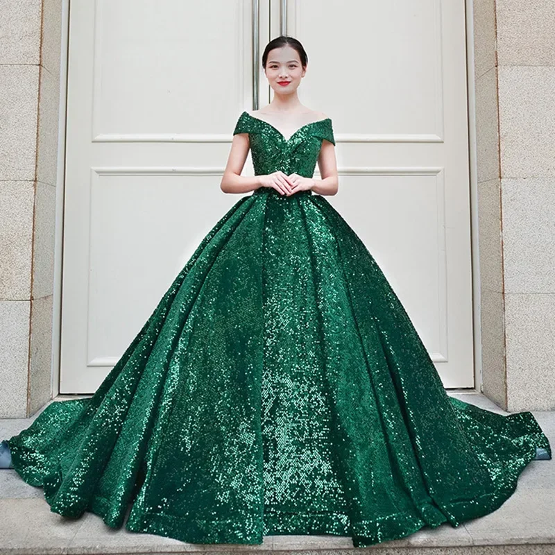 

New Royal Court Sequined Formal Evening Train Dresses Luxury Party Velour Dress Boat Neck Exquisite Shiny Ball Gown Vestidos