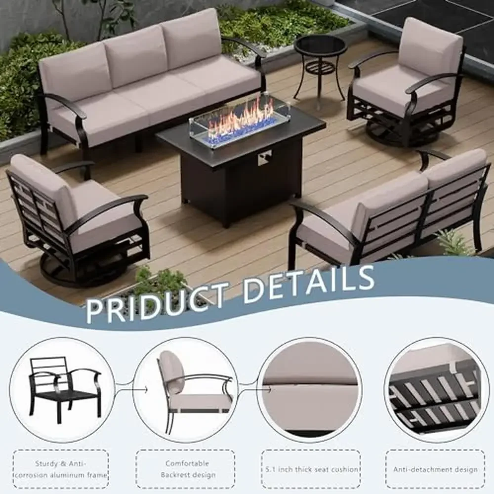 7-Seater Aluminum Patio Furniture Set with Fire Pit Table & Swivel Chairs Outdoor Conversation Set Modern Metal Thick Cushions 4