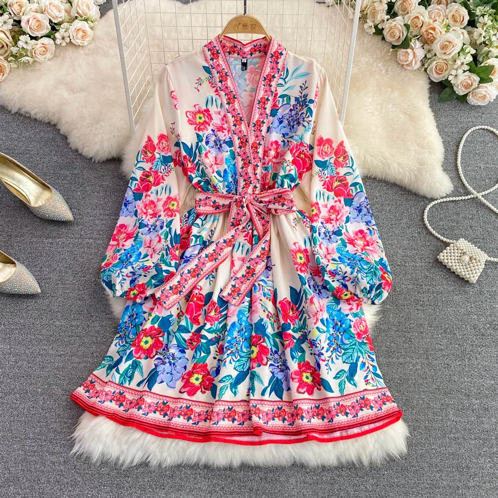 

Spring and Autumn Australian Niche Temperament V-neck Lantern Sleeve Bow Tie Waist Print a Word Dress Female