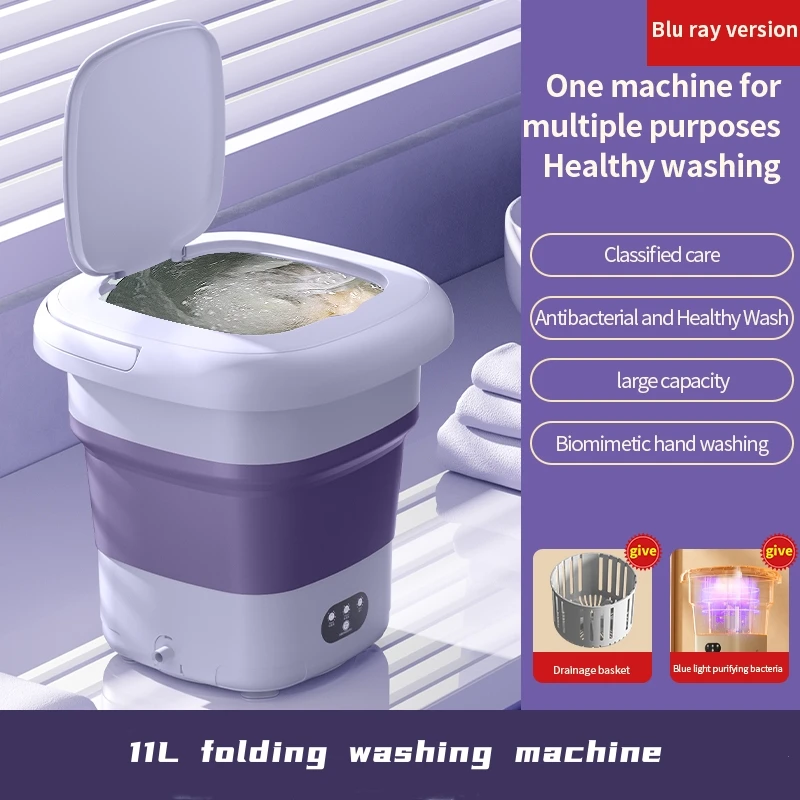 11L Folding Portable Washing Machine Big Capacity with Clothes Spin Dryer  Bucket Travel Socks Underwear Panties Washing Machine