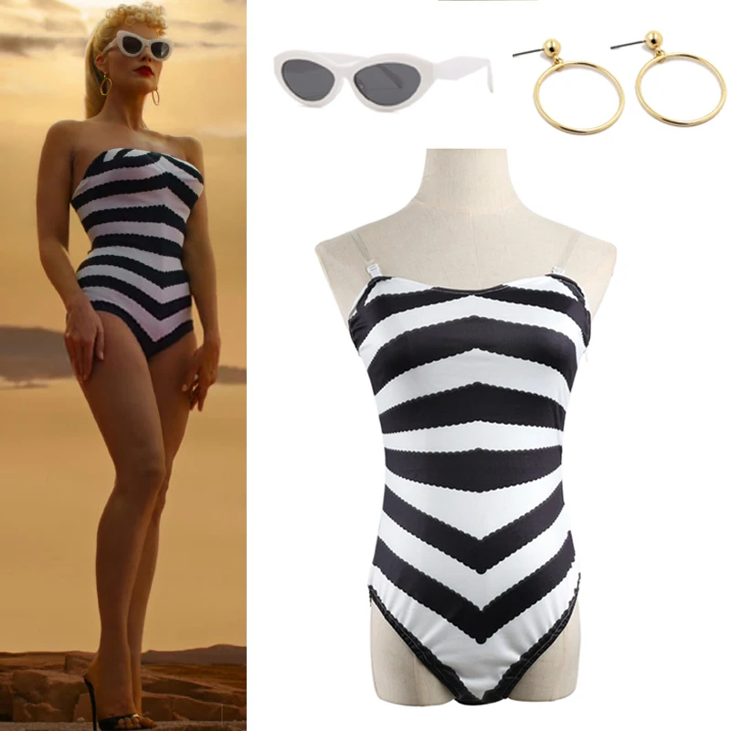 

Barbie Swimsuit Cosplay Costume Black and White Swimming Clothes Beach Outfits Carinival Party with Earring and Glasses Woman