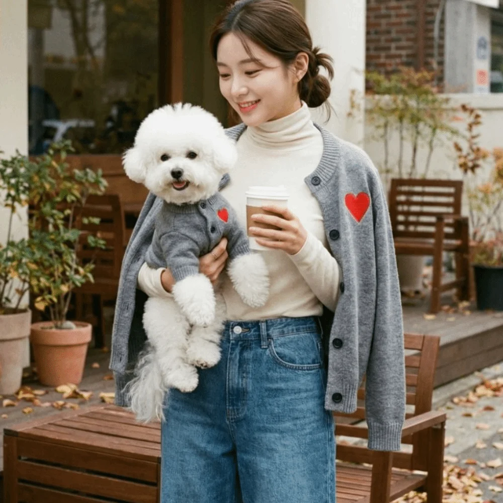 로맨틱 도그 러브 스웨터 피부 친화적인 고탄성 애완견 가디건 하트 프린트 부드러운 강아지/고양이용 따뜻한 후드티