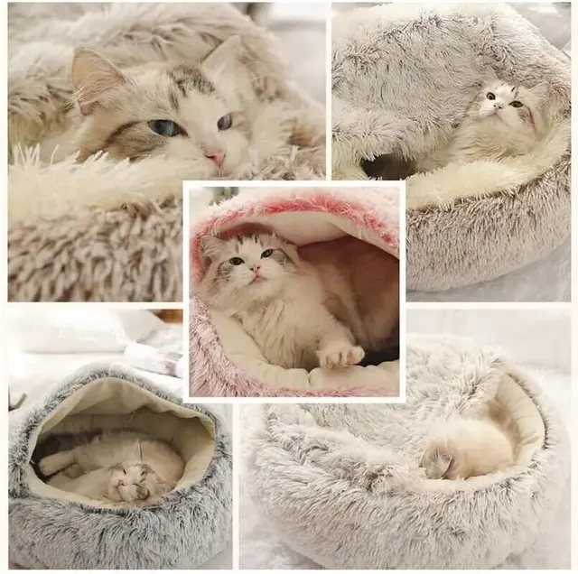 Plush Hooded Pet Bed – Round Fluffy 2-in-1 Cat & Dog Sleeping Nest 5