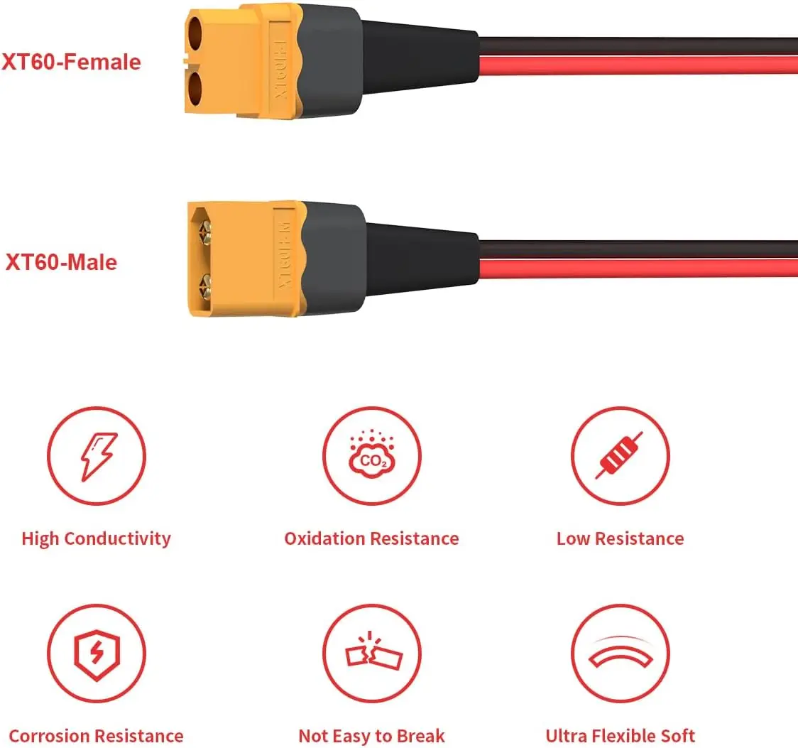 12AWG 2피트 XT60 연장 케이블 2, 6, 10, 20, 35, 50, 75, 100피트 XT60 암-수 커넥터 (RC 배터리, 휴대용 발전소, 태양광용)