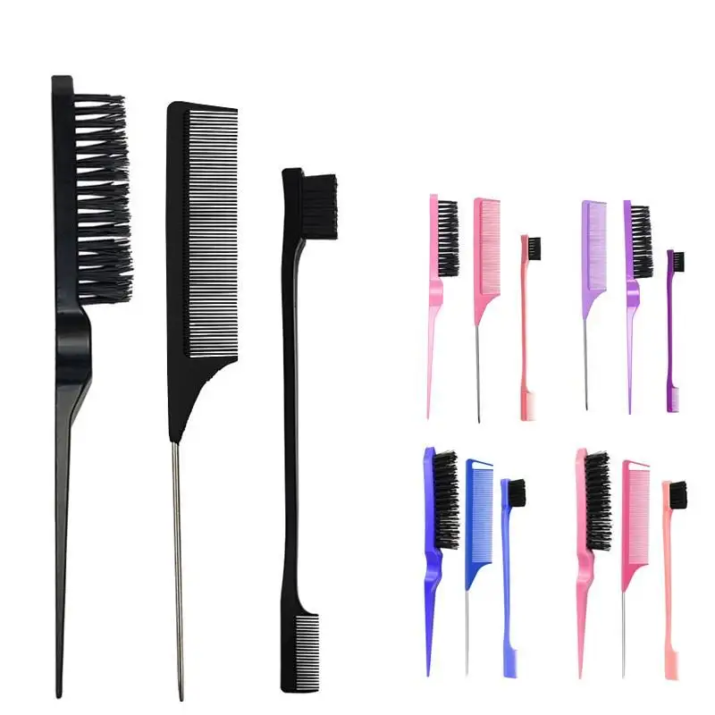 3Pcs Slick Back Hair Brush Set Bristle Hair Brush Brush Teasing Comb for Women Baby Kids Black Hair 2
