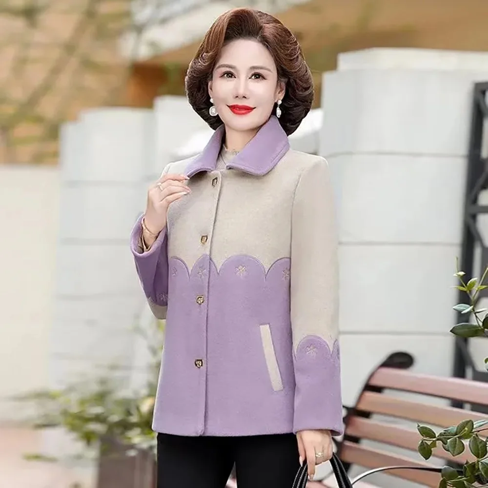 High-end Mother Autumn Casual Woolen Coat Temperament Fashion Ladies Middle-aged And Elderly Stitching Loose Woolen Coat Tide5XL