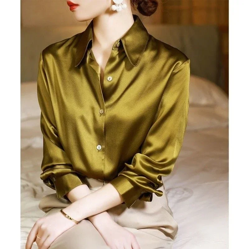 gold satin button up