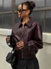 Fashion Green Leather Sleeve Loose Jacket Women Chic Laple Zipper Cropped Short Coats 2024 New Lady Casual High Street Outerwear 6