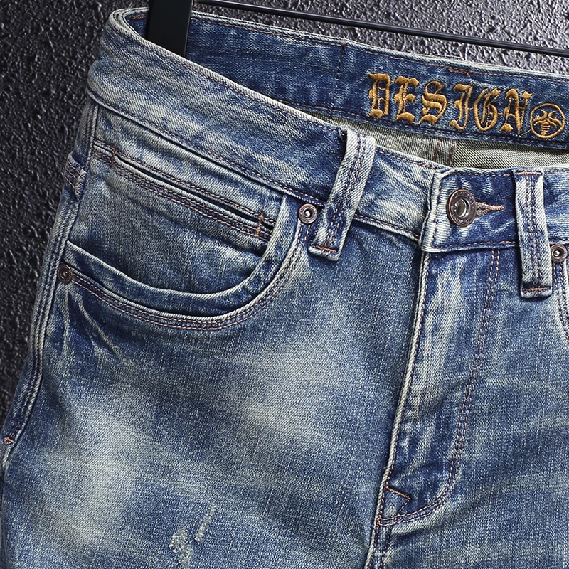 Italian Style Fashion Men Jeans Retro Blue Elastic Stretch Slim Ripped Jeans Men Embroidery Designer Vintage Denim Pants Hombre