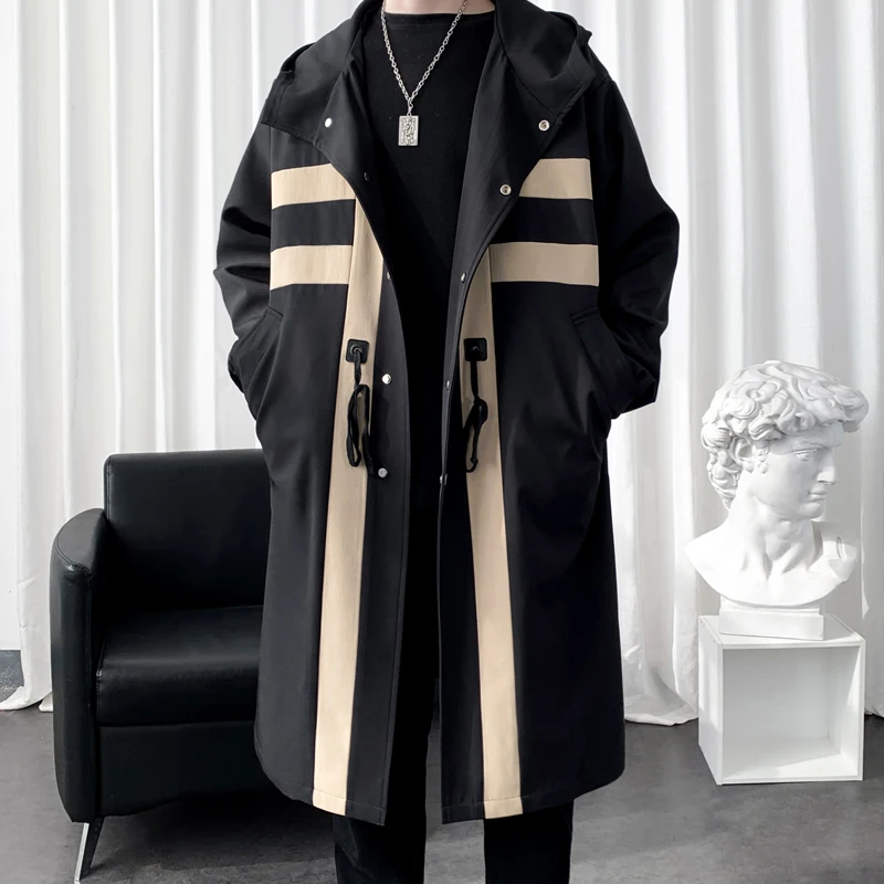 2024 Spring Mens Windbreaker Trenchcoat Patchwork Color Medium Long Korean Covered Button Hooded Trench Outwear
