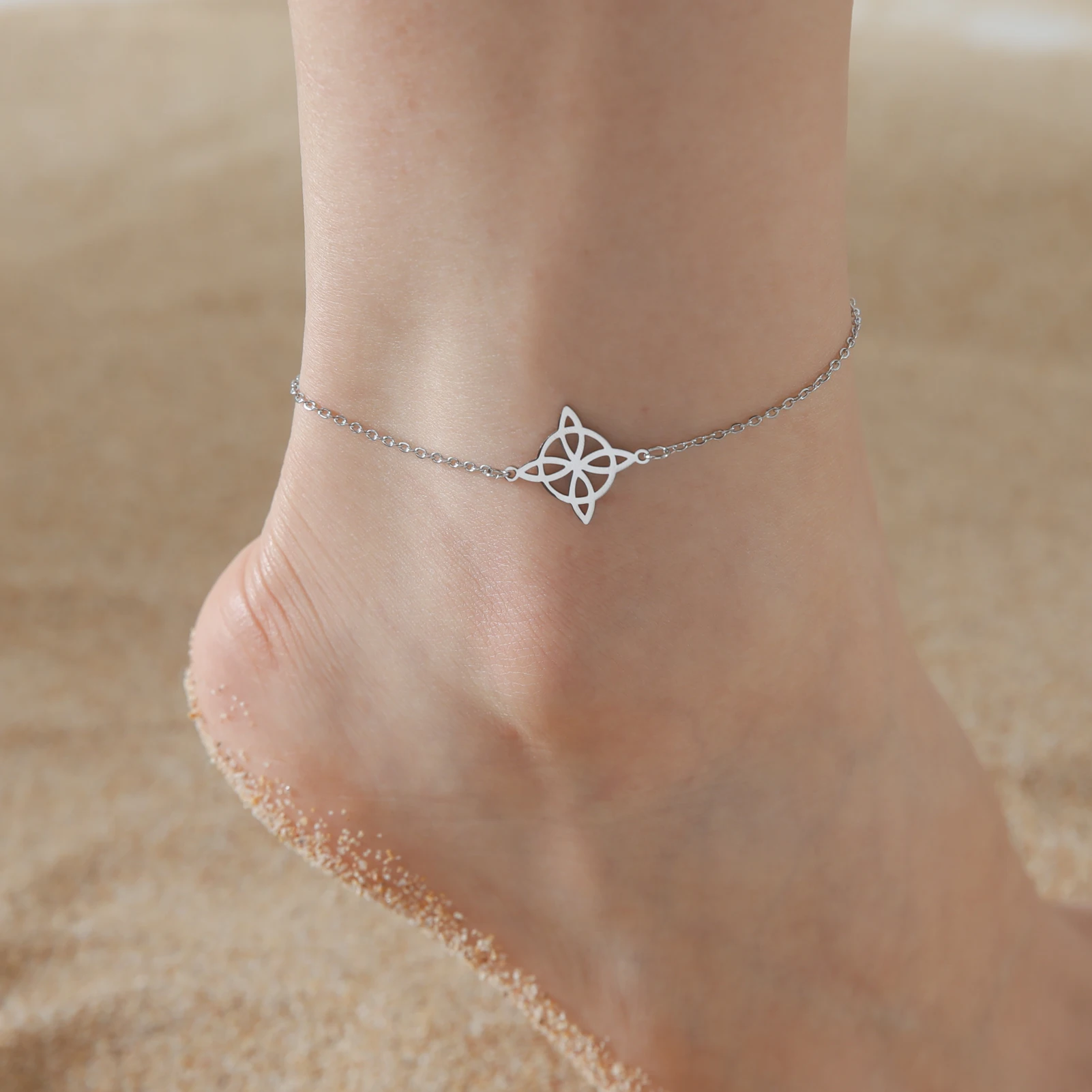 Silver Anklet Bracelet Ankle Chains Bead Bracelet Beads Anklet Fashion Accessories Skyrim Witch Knot Anklet Women Stainless Steel Double Layer Beads Chain Ankle Bracelet Witchcraft Jewelry Summer Accessories