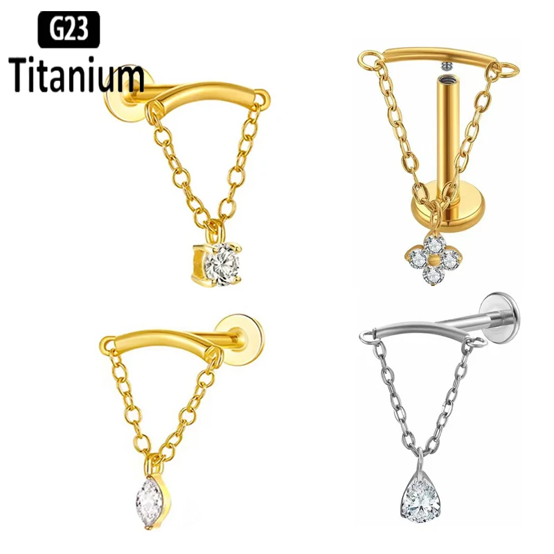 G23 Titanium Hidden Curved Chain Marquise CZ Drape Internally Threaded Cartilage Helix Studs Earrings Lobe Lip Piercing Jewelry
