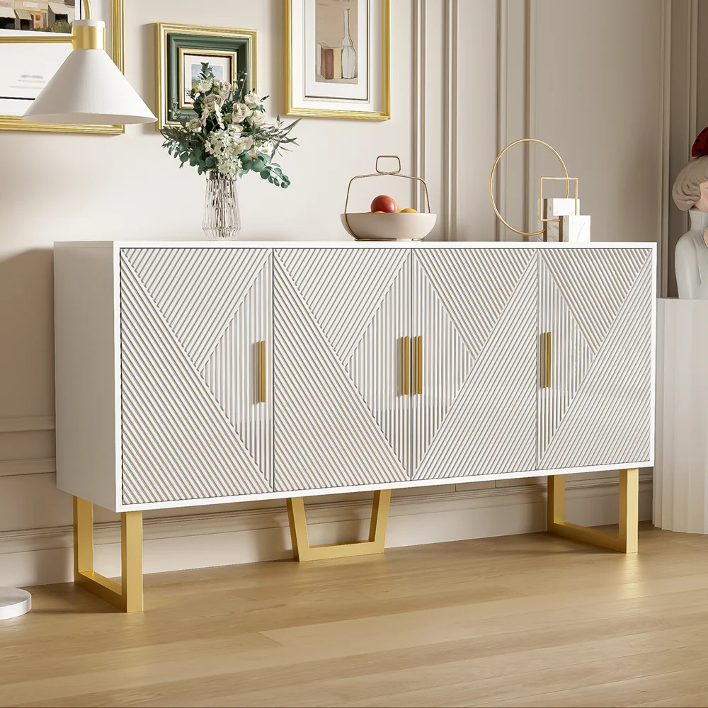 150cm modern, luxurious white sideboard, high-gloss structured doors gold handles 4-door design, height adjustable – Detail 6