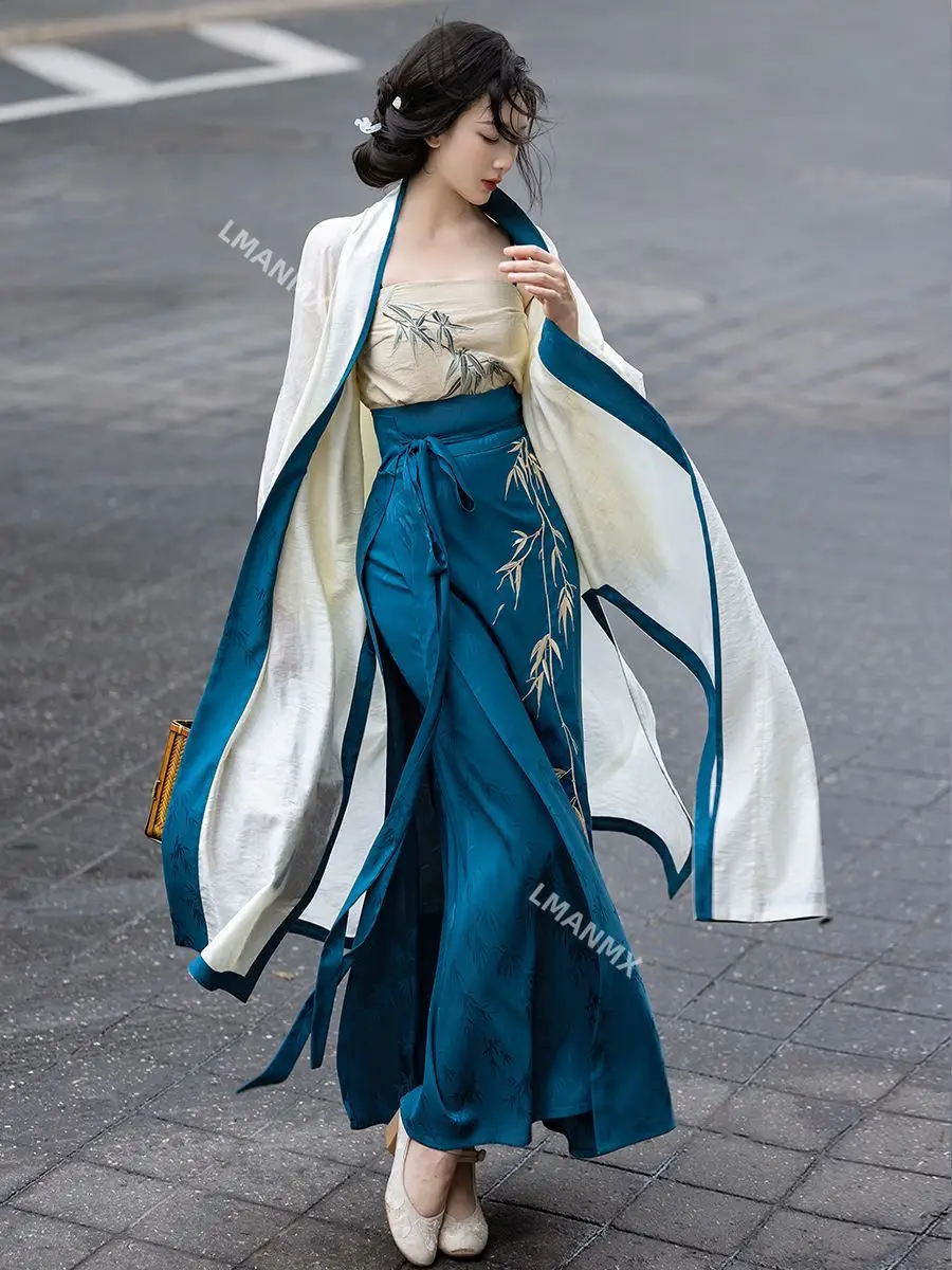 

Original Han Dress Girl Blue Hanfu Suit National Style Song Dynasty Spin Skirt Three Piece Set Heavenly Silk Jacquard Long Skirt