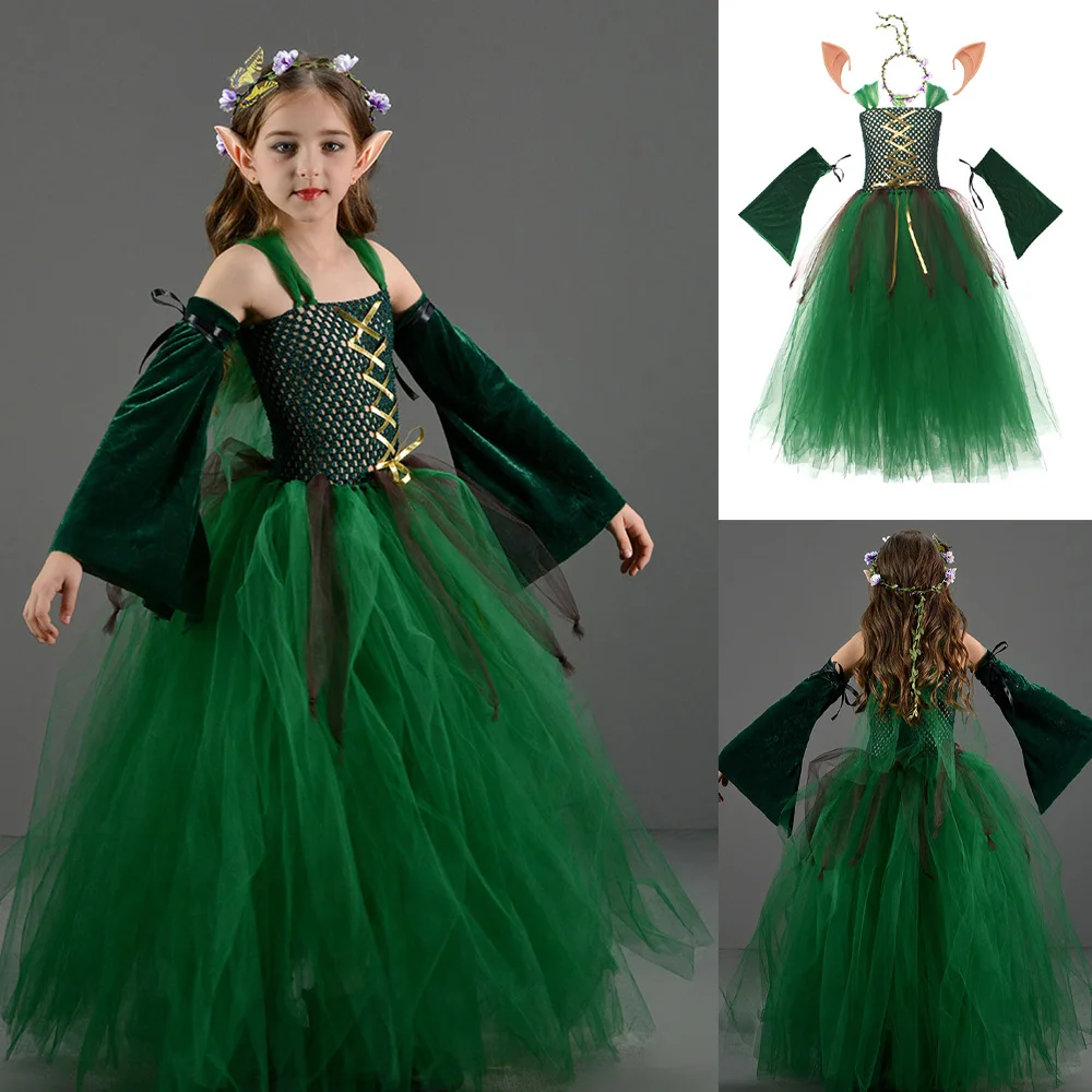 Kids Kinderen Bos Elf Cosplay Prinses Groene Jurk Kostuum Meisjes