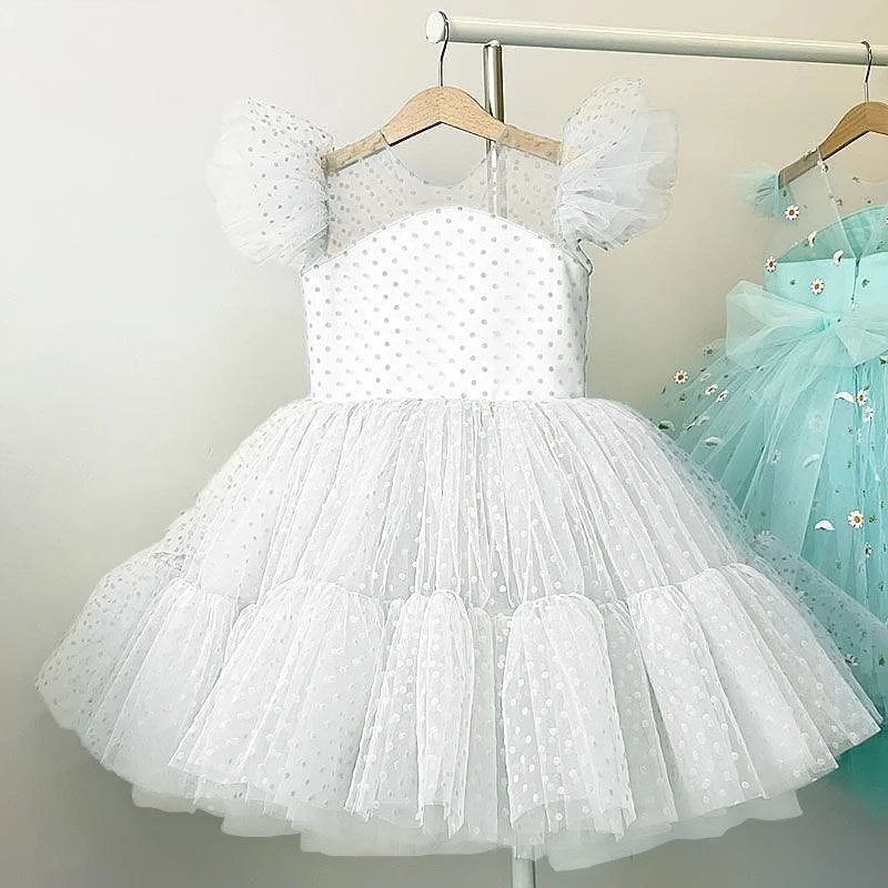 Girls Princess Dress Kids Elegant Wedding Tutu Prom Dresses Children Tulle Flare Sleeve Communion Party Formal Evening Clothes