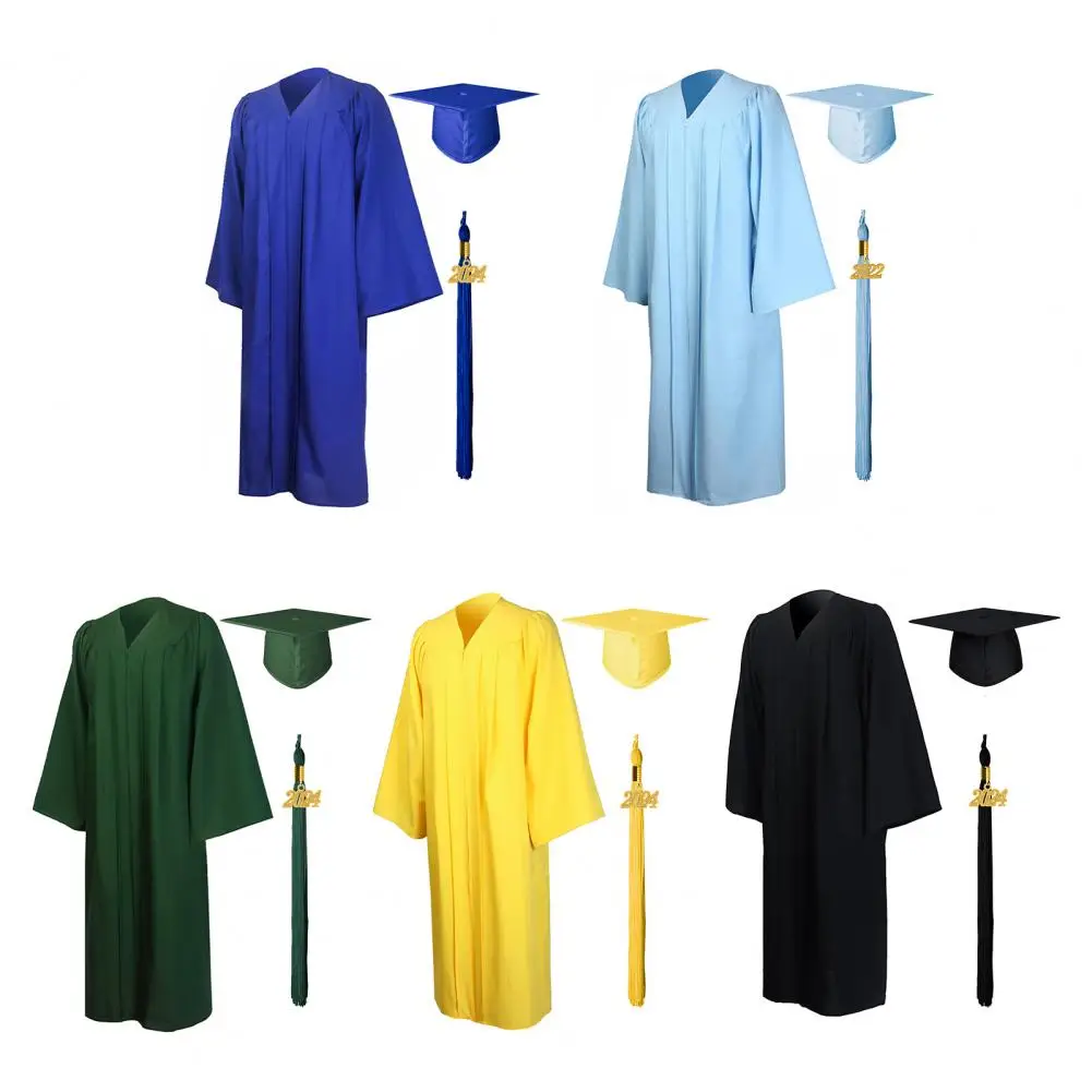 Unisex Graduation Robe Hat Set Front Zipper Loose Tassel Year Tag College Bachelor Graduation Ceremony Gown Cap Tassel Set