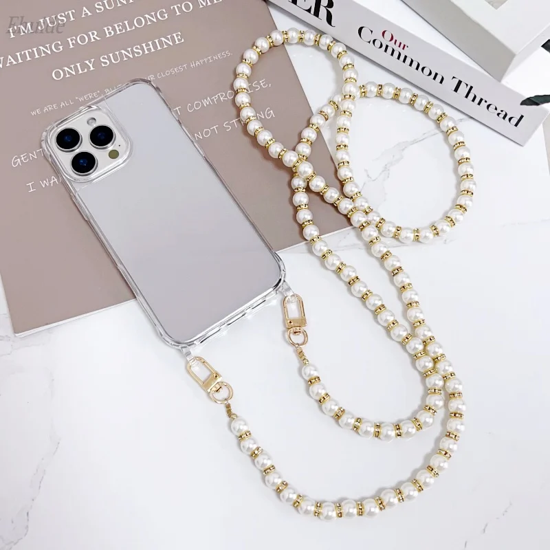 Luxury Pearl Chain Crossbody Strap Shockproof Phone Case with Acrylic Clear Cover