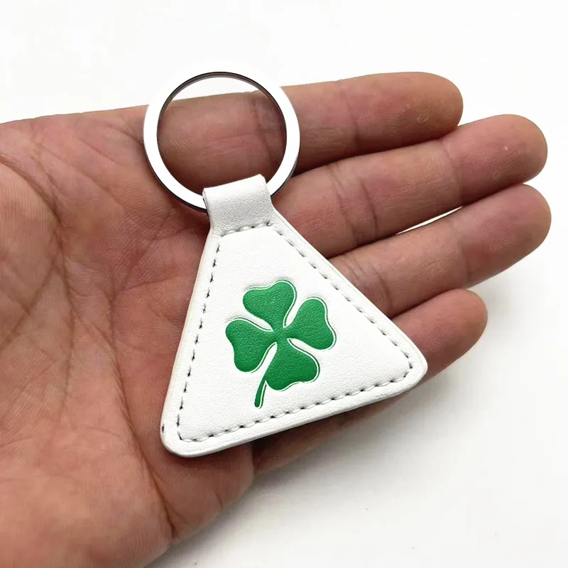 Green White Four Leaf Clover Leather Keychain with Lucky Pendant Accessories