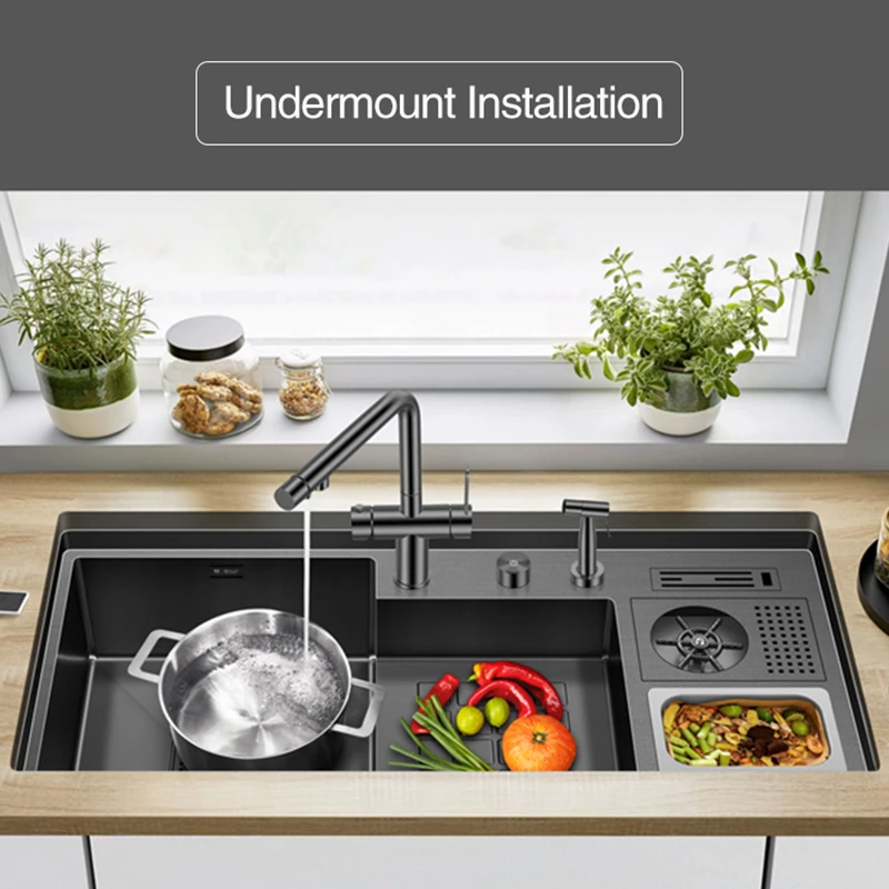 Nanometer Cup Rinser kitchen Sink Large Size 304 Stainless Steel 220mm Depth 4mm Thickness Handmade kitchen Sinks With Trash Can