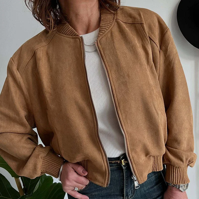 Damen-Bomberjacke aus Wildleder, kurzer Reißverschlussmantel, lässige Kunstleder-Oberbekleidung, Herbst-Winter-Mode, Kameljacke, vielseitig – Detail 4