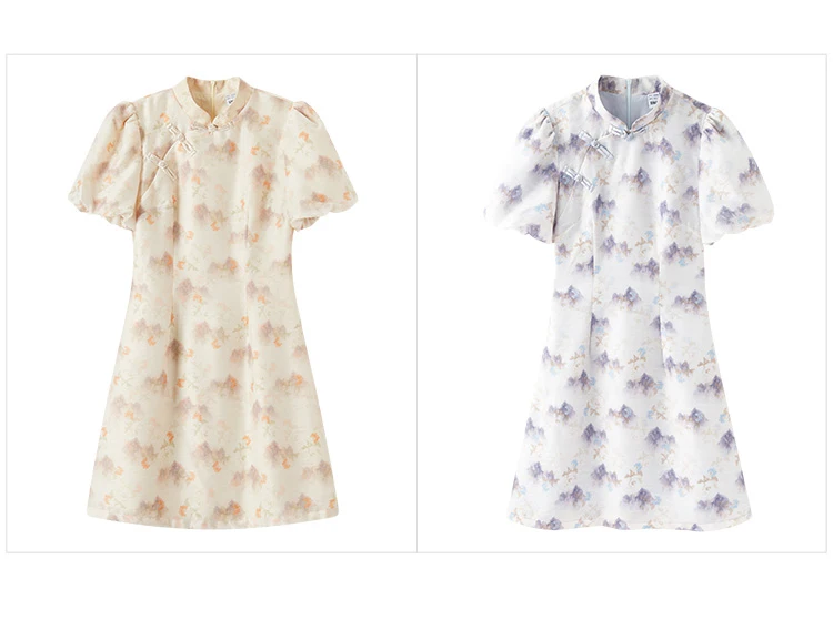 Vestido Cheongsam de verano con mangas abullonadas y estampado de pintura de tinta para mujer