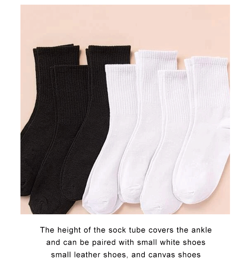 Description Picture 6 of item7/10/20 Pairs Mid Length Socks Women Classic Black White Solid Color Fashionable Casual Sports Absorbing Breathable Men Socks