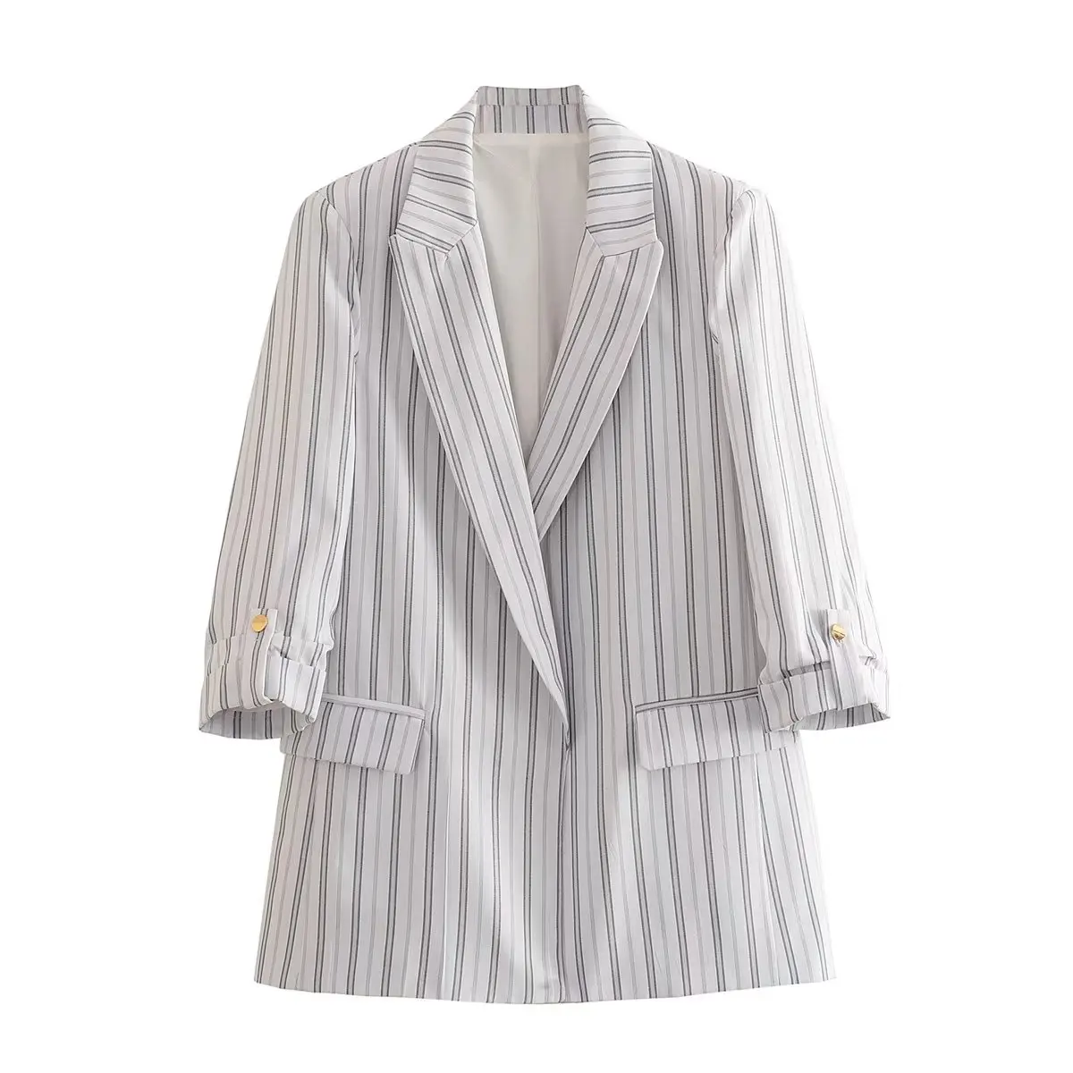 Dave&Di Fashion Office Lady Vintage  Roll Up Sleeve Striped Casual Blazers Women Jacket