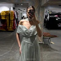 CustomizedOff The Shoulder Arabic Evening Dress Pleats Crepe Floor Length Muslim Prom Wedding Party Gowns 6