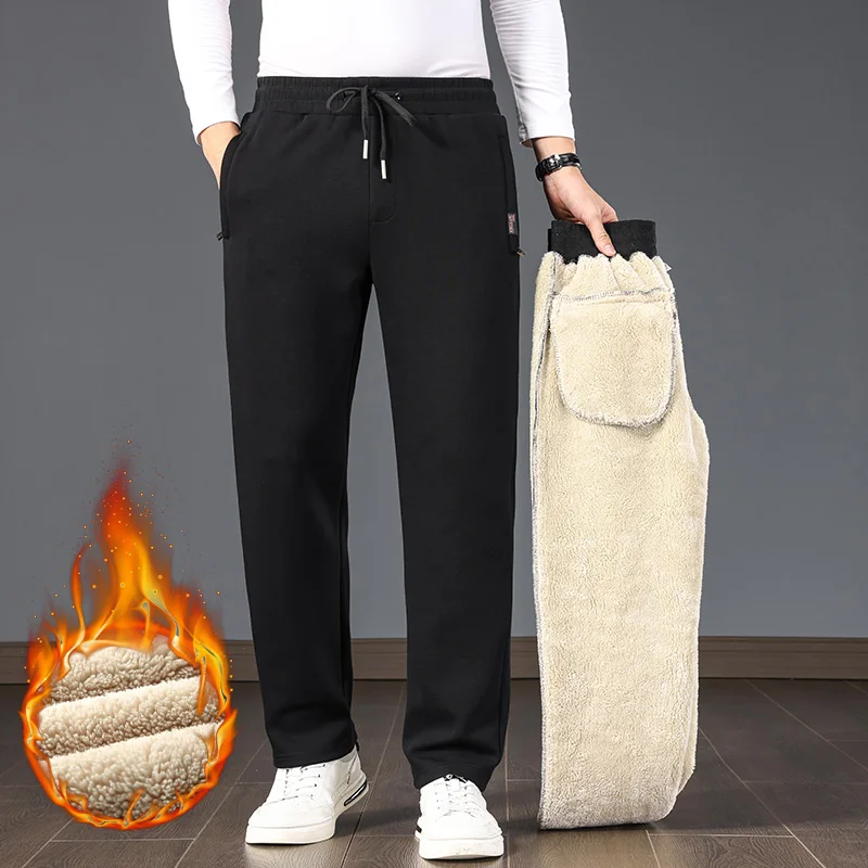 

Thickened Men's 2024 Autumn and Winter High Waist Elastic Zipper Pocket Drawstring Solid Color Loose Versatile Casual Pants