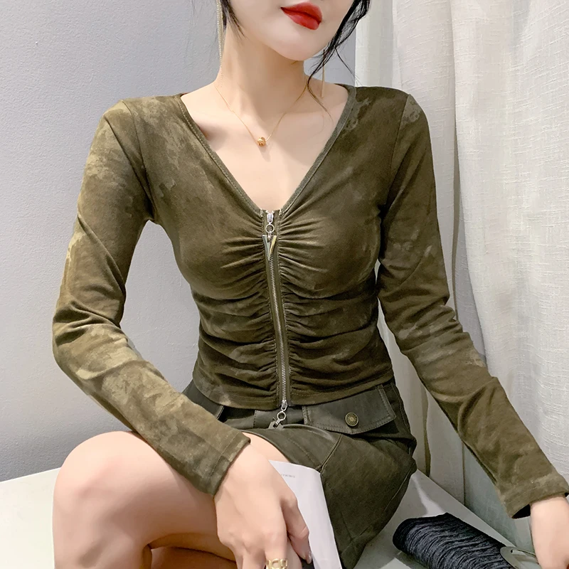 

2023 New Fall Winter European Clothes Cotton Short T-Shirt Fashion Sexy V-Neck Zipper Draped Women Tops Long Sleeve Tees 39141