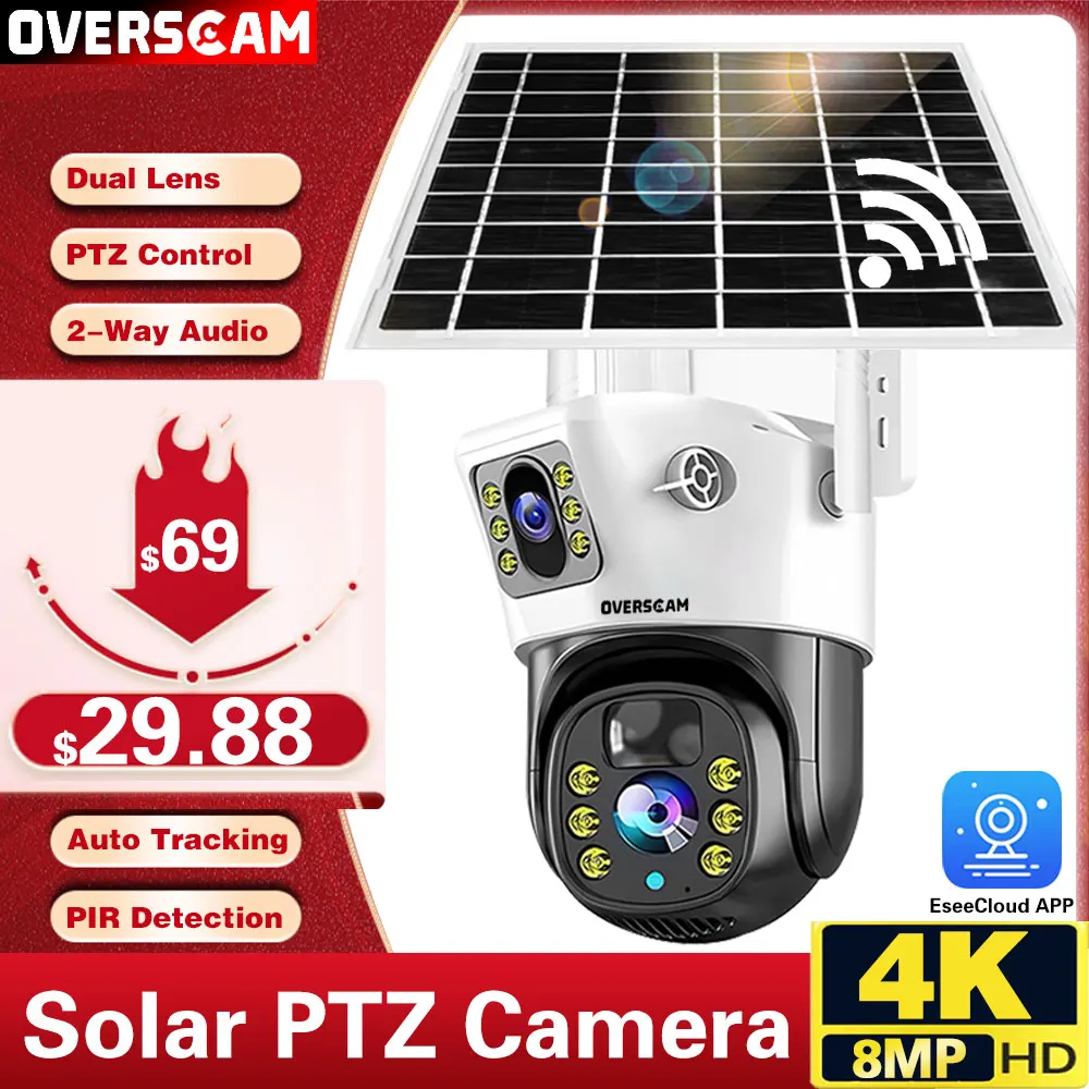 Dual Lens Screen 4K 8MP Solar Battery Cameras PTZ Zoom WIFI Security Outdoor Camera Humanoid Tracking Color Night Vision Camera 4g 8mp dual lens ptz battery solar camera 4k dual screens pir human tracking outdoor 4g security cctv surveillance ip camera