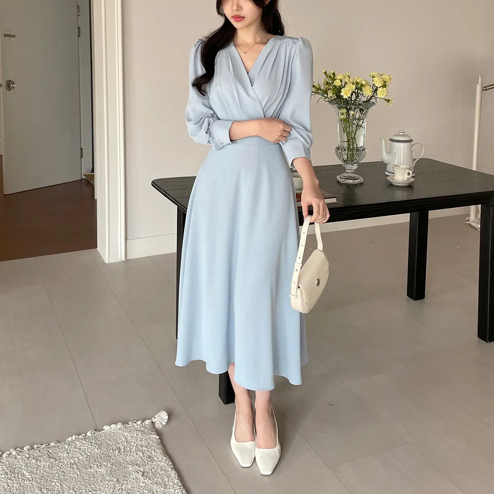 Korean Fashion Autumn Midi Dresses for Women Long Sleeves V-neck A-line Solid Casual Dress Office Lady Clothing New