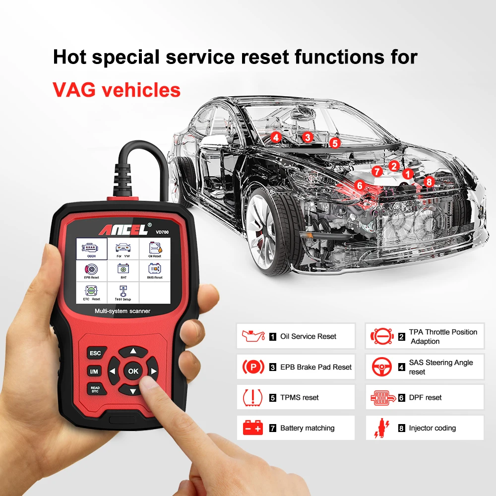 ANCEL VD700 Professional OBD2 Scanner for VW for Audi for Seat for Skoda Oil EPB SAS TPMS Reset Full System Code Reader 2