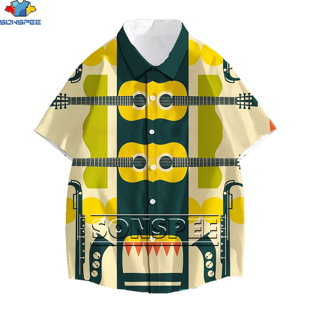 SONSPEE Animated Guitar Musical Instrument Print 3D Hawaiian Beach Anime Shirts Men's Summer Lapel Shirts Unisex Tropical Tops