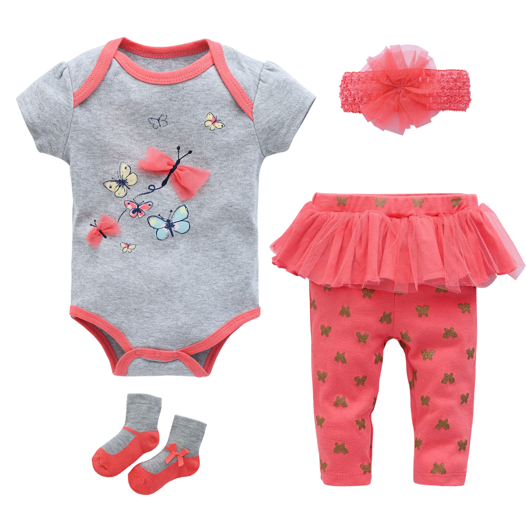 

Kavkas 4 PCS Baby Clothing Set Girls Fashion Romper+Pants +Socks+ Hairband Gift Sets 100 % Cotton Clothes For 9 Months