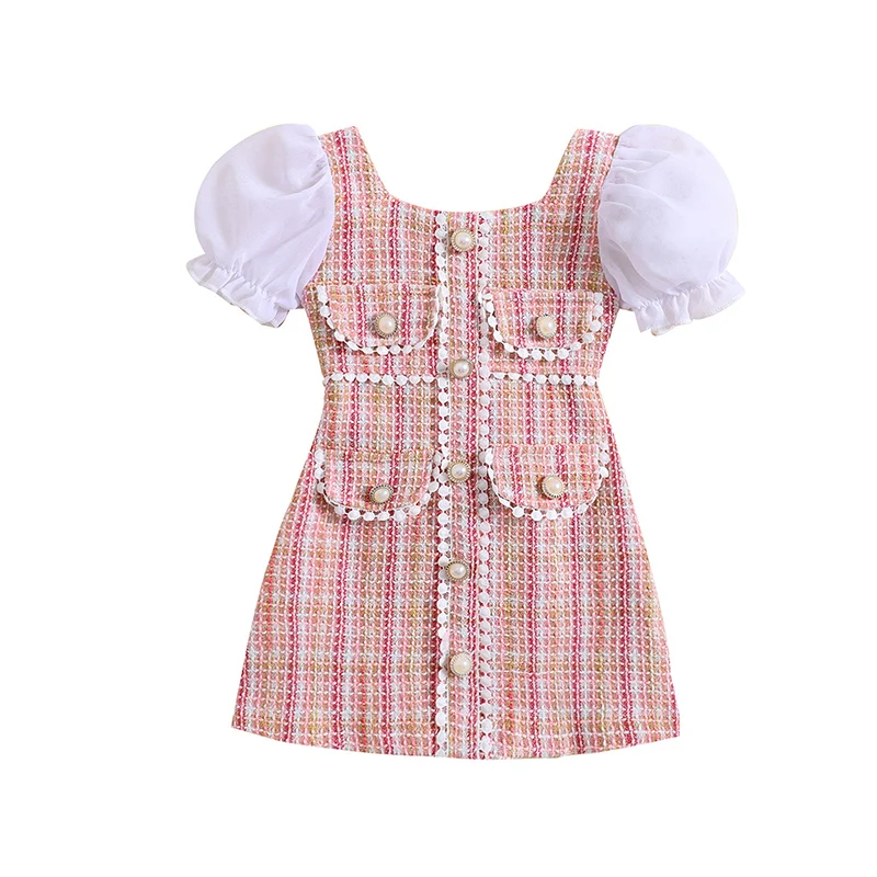 

Baby Girl Outfit Clothes Summer Square Neck Short Puff Sleeve Ribbed Toddler Girl Clothing Plaid A Line Short Skirt Set Dress