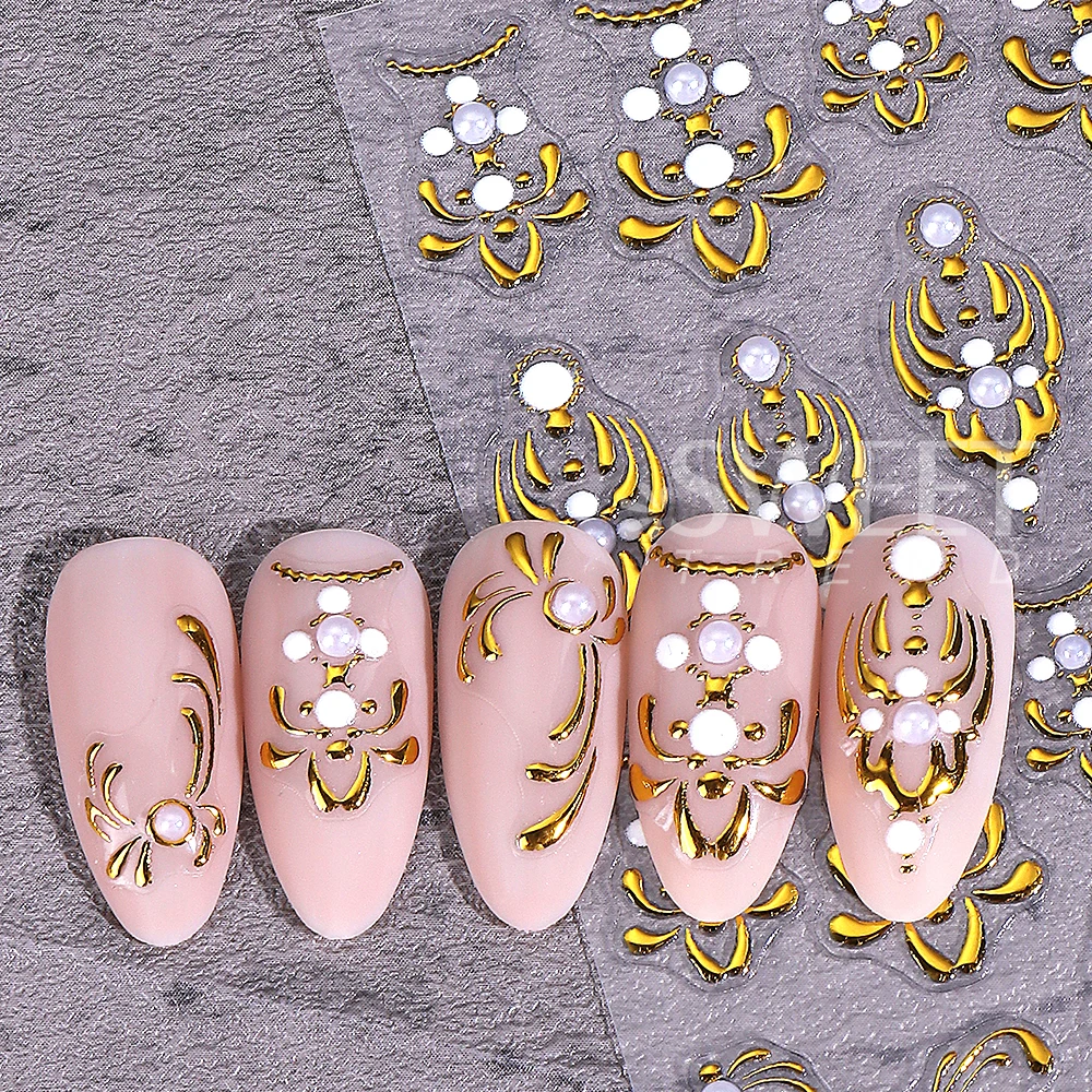 1PC Golden Palace Retro Style Nail Art Stickers 5D Embossed Self-Adhesive Pearl Petal Luxury Nail Decals Manicure DIY Decoration