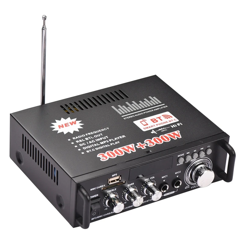 

Black BT-298A Mini Audio Power Amplifier Set 2CH 300W+300W For Car Home Bluetooth Digital Audio Receiver AMP FM Radio EU Plug