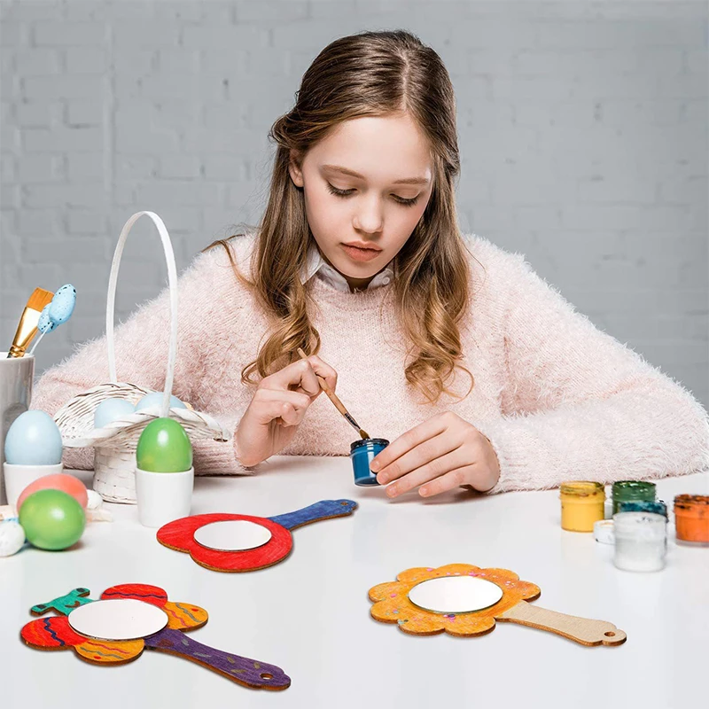 12 Pcs Wooden Mini DIY Painting Mirrors Unfinished Handmade Craft Mirror DIY Wood Painting Mirror For Wood Crafts Activity