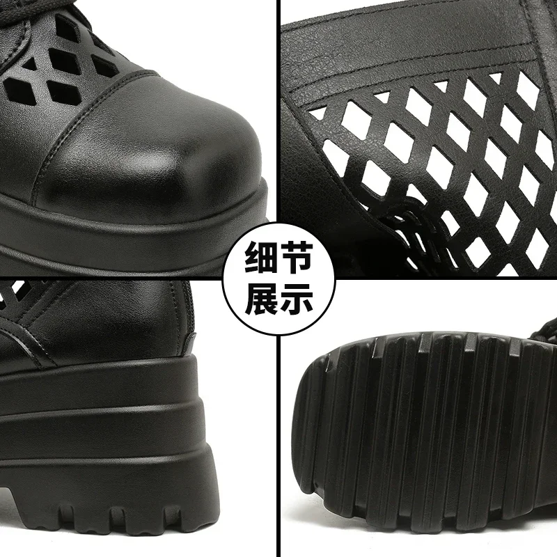 8cm Ankle Breathable Summer Hollow Moccasins Motorcycle Boots Genuine Leather Woman Fashion Sandals Openwork Shoes Boot