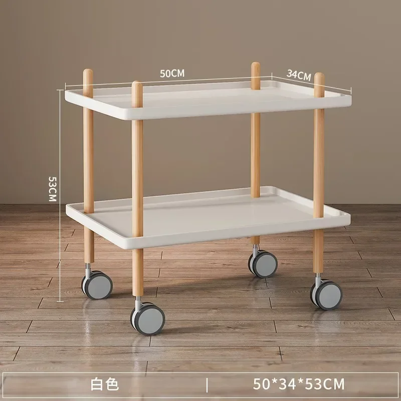 Nordic Style Mobile Trolley With Rollers Living Room 2 Layers Mobile Storage Rack Trolleys Multifunction Kitchen Solid Wood Cart